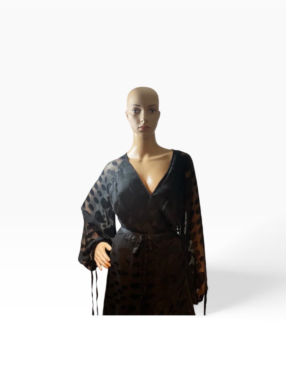 ASOS Black Wrap High-Low Maxi Dress with Sheer Dot Sleeves - Picture 2 of 10